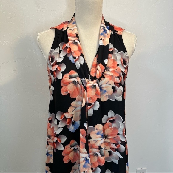 CeCe Black Floral Tie Neck Swing Shift Dress Size 0 - Picture 5 of 12